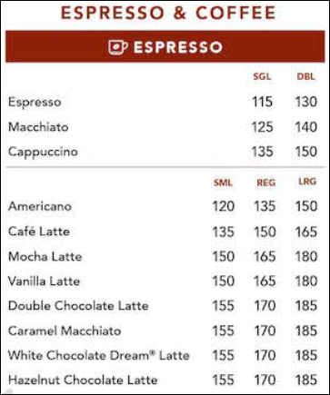 Coffee Bean menu